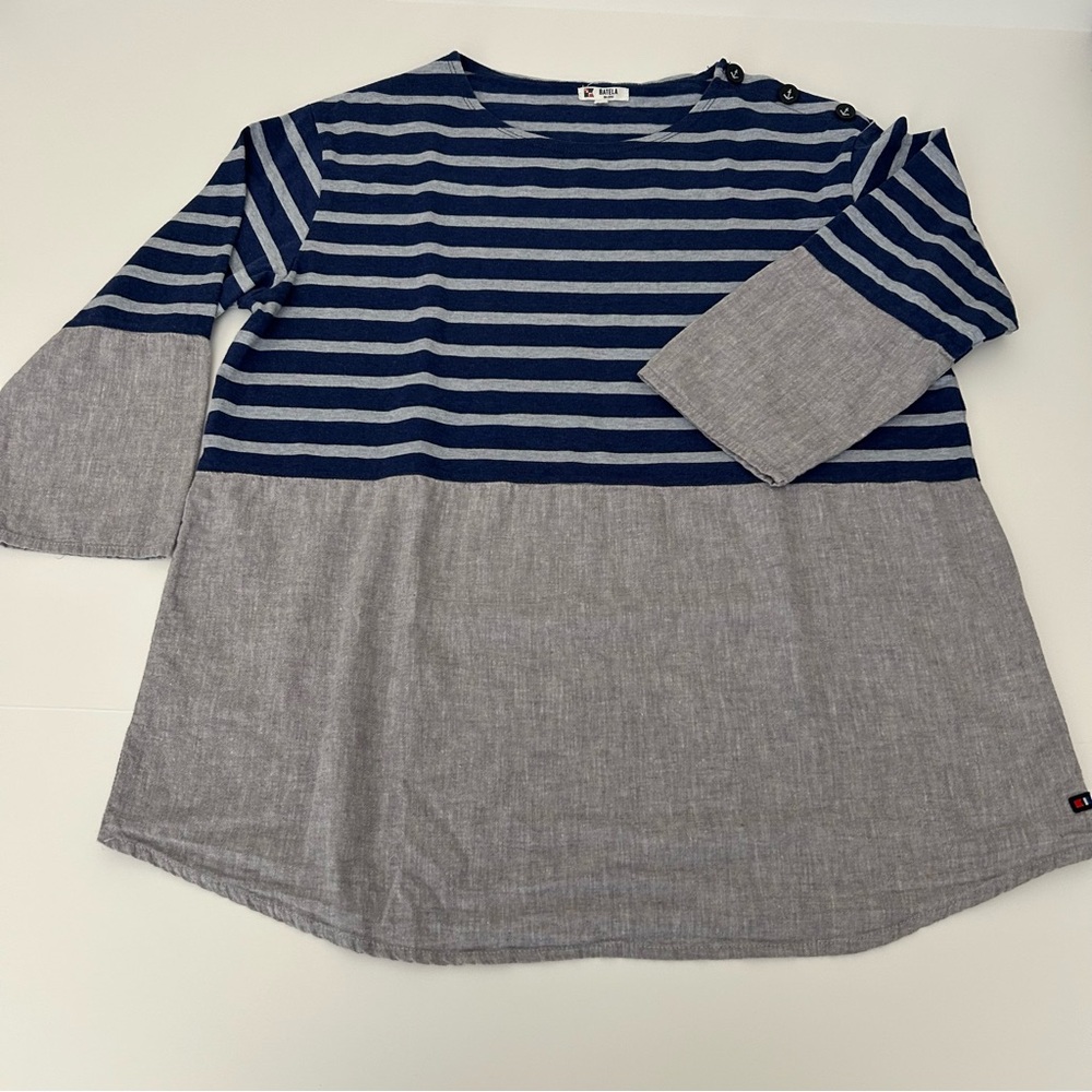 Batela Nautical Quarter Sleeve Navy Stripes Chambray Loose Flowy Top Size EU 46